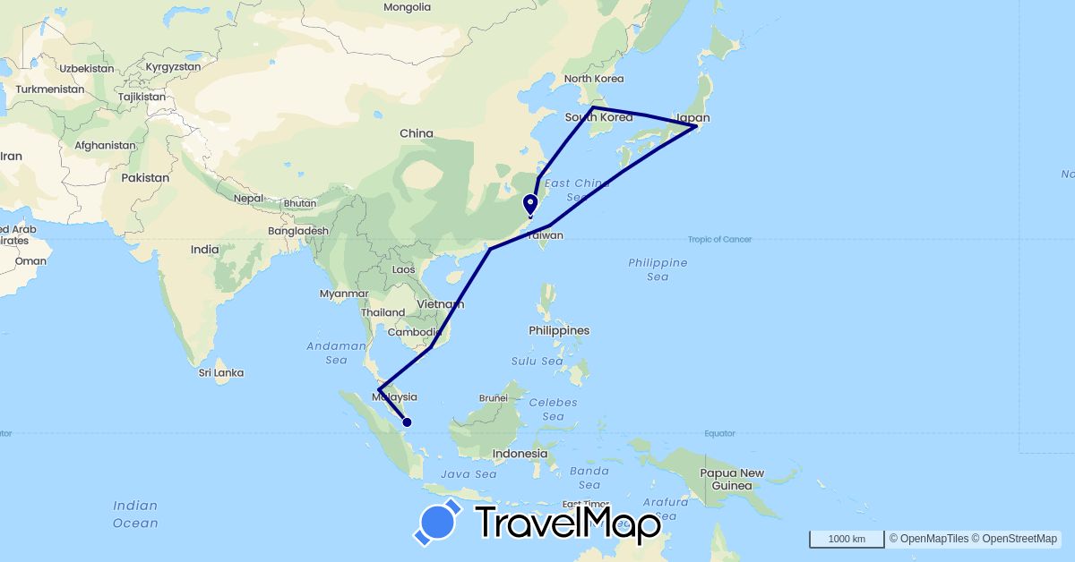 TravelMap itinerary: driving in China, Japan, South Korea, Malaysia, Singapore, Taiwan, Vietnam (Asia)